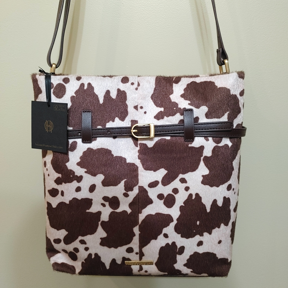 NWT House of Harlow Brown and White Cow Print Shoulder Bag Animal Print Purse - Picture 3 of 10